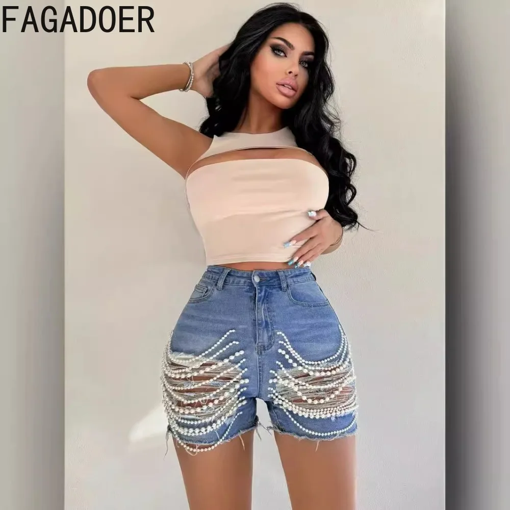 FAGADOER Fashion Hollow Out Hole Bead Chain Jean Shorts Women High Waisted Button Pocket Slim Shorts Summer New Denim Bottoms
