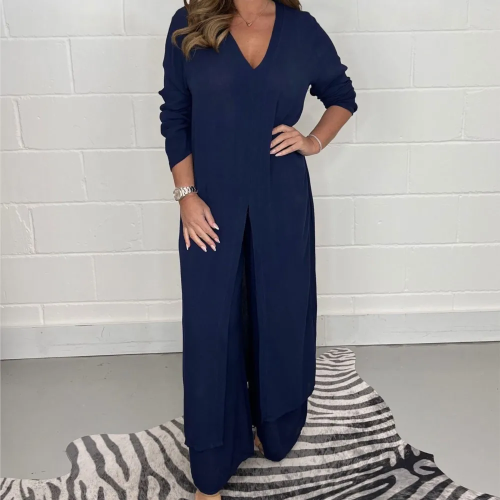 New Women\'s Solid Color Slit Long Coat Suit Spring Autumn Retro Casual Relaxed Simple Elegant Female Office Pants Two Piece Set