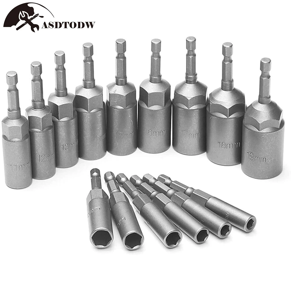 80mm Deep Power Nut Driver Drill Bit Set – Impact Socket Adapter for Power Tools, 6.35mm Hex Shank, 5.5-19mm (5/10/15 Pcs)