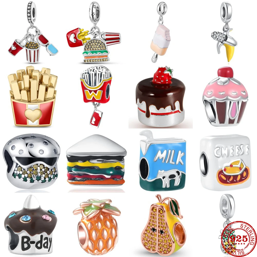 925 Silver French Fries Milk Cake Hamburger Charms DIY Dangle Bead Fit Original Pendant Bracelet Necklace Fashion Jewelry,beads charms,charm jewelry,charm bead,silver charm bracelet,beads jewelry,silver charm bead,sterling silver beads charm