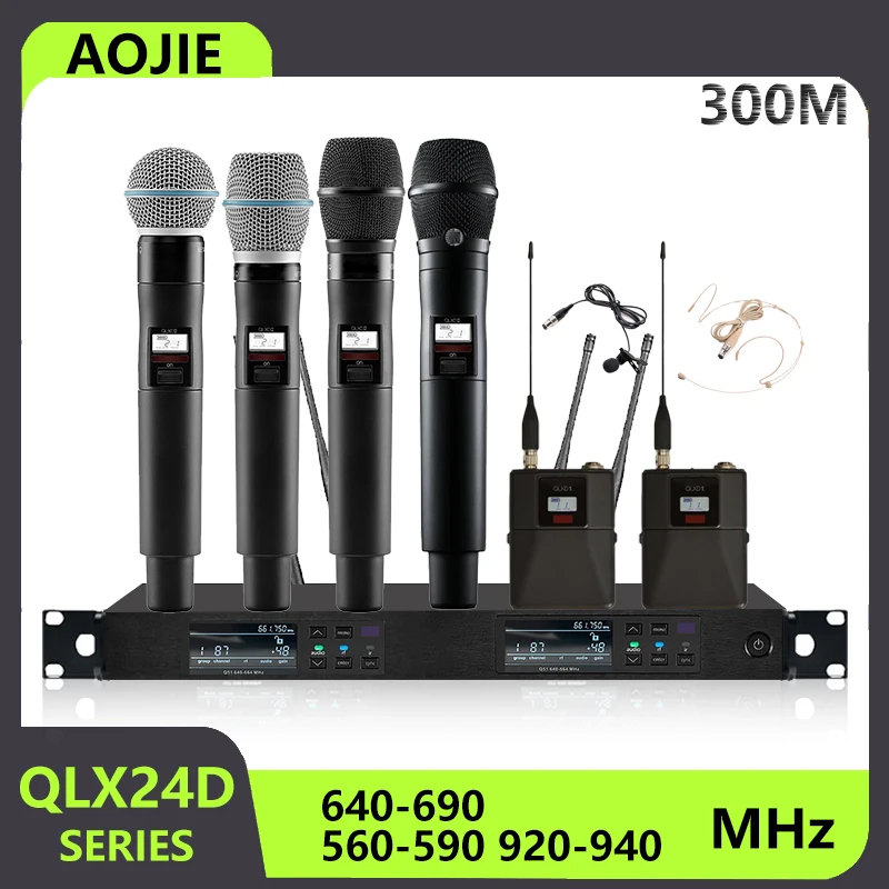 AOJIE QLXD24 전문 무선 마이크 uhf 장거리 2 채널 마이크 시스템 성능 웨딩 파티 베타 58 무선 마이크