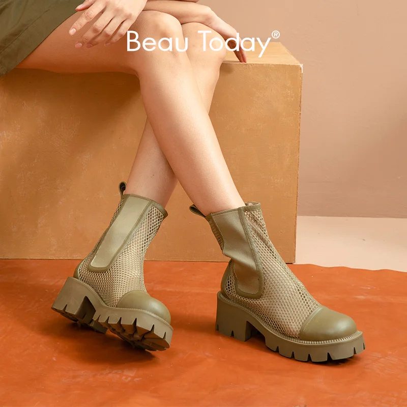 BeauToday 플랫폼 부츠 여름 여성 송아지 가죽 가죽 발목 부츠 메쉬 할로우 디자인 라운드 발가락 숙녀 첼시 신발 07126