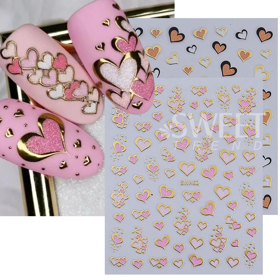 2/3pcs Glitter Love Heart Nail Stickers Pink White Heart-shaped Bow Adhesive Nail Decals DIY Valentine's Day Manicure Decoration