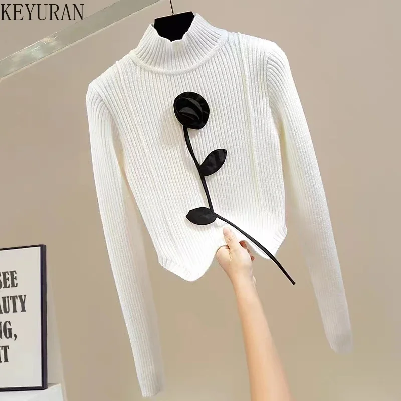 Irregular Sweet Three-dimensional Flower Sweater Women 2024 Autumn Fashion High Neck Long Sleeve Slim Fitting Short Knitted Tops 1