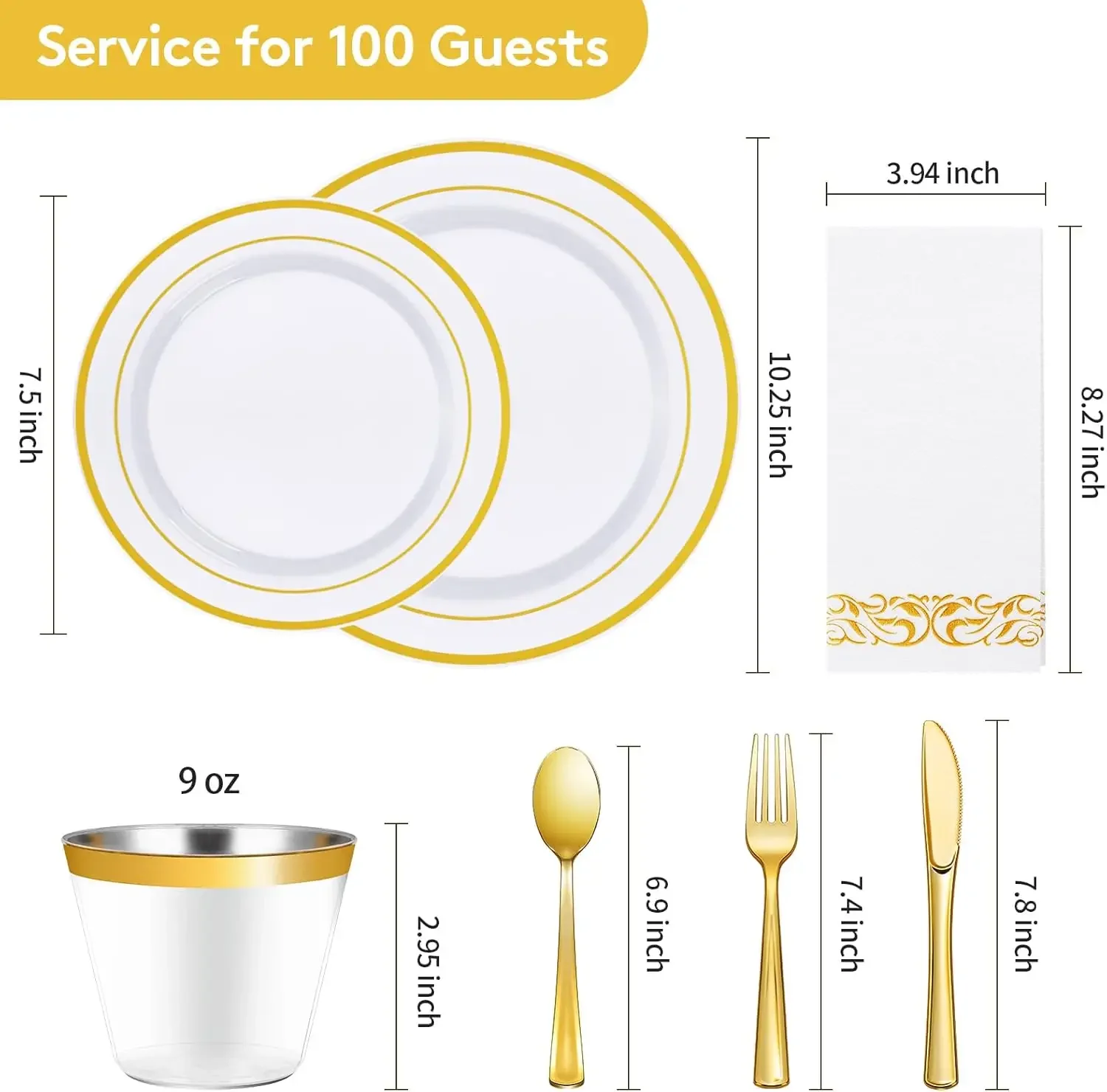700 Piece Gold Dinnerware Set for 100 Guests Disposable for Party Include Gold Rim Dinner Plates Dessert Plates Paper Napkins