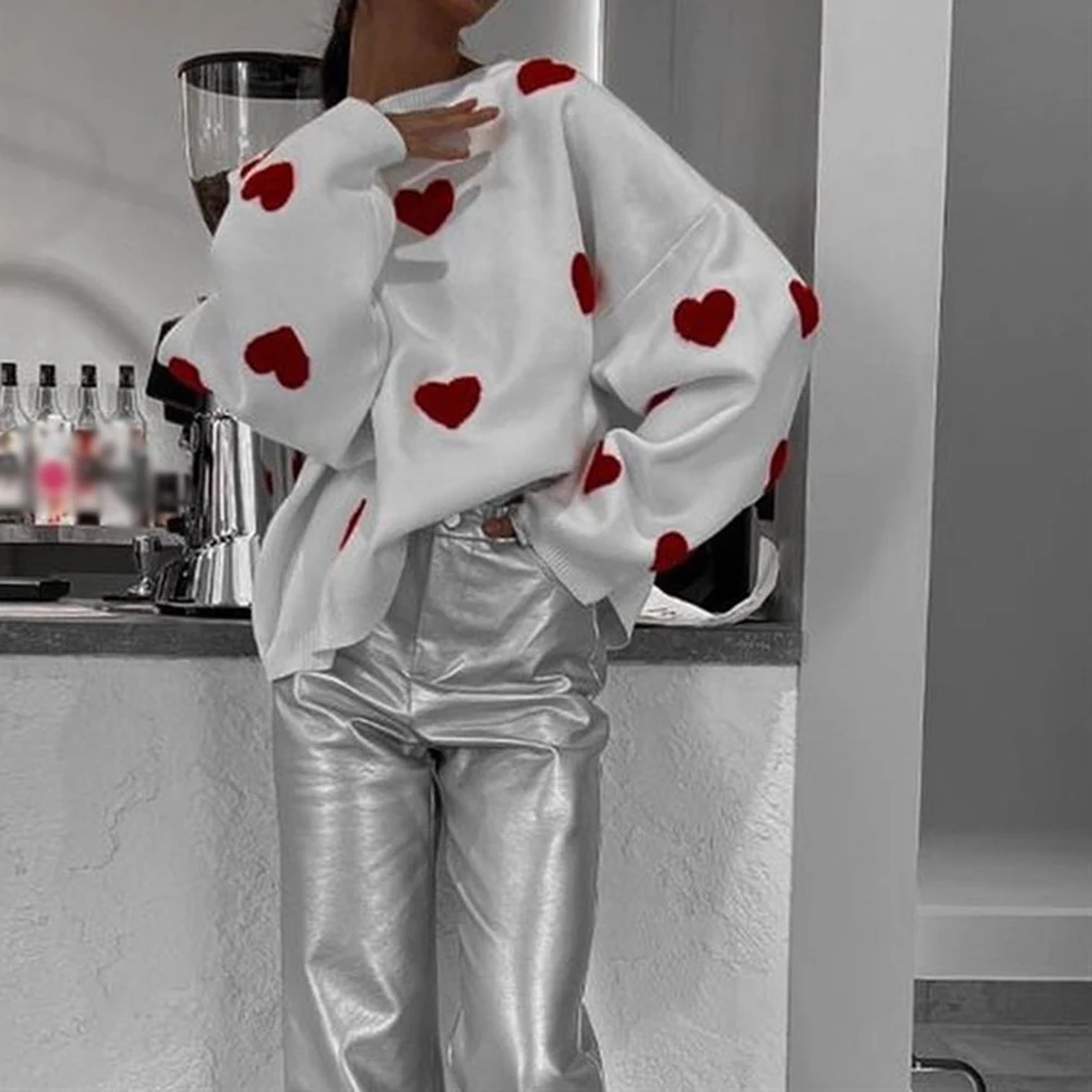 

Women Autumn Winter Daily Sweet Love Pattern Knitted Sweater Long Sleeve O-Neck Pullover Casual Top Loose Korean Female Sweater