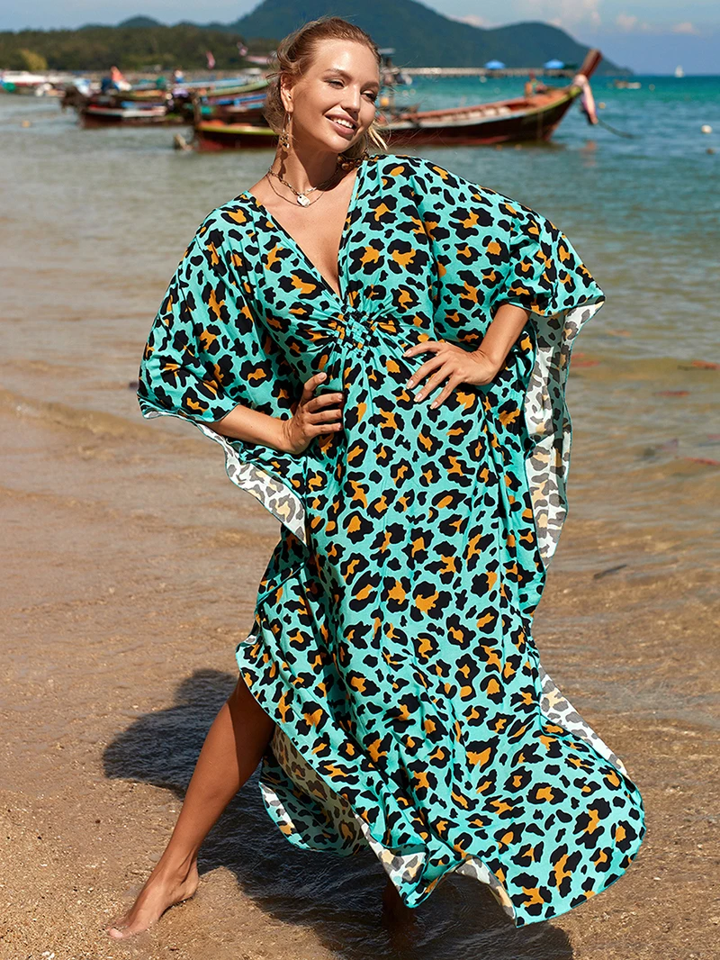 

Fashion Summer 2022 Pareo Beach Outing Cover Up Vintage Bohemian Split Long Dress Holiday Looase Kaftan V Neck Tunic Women