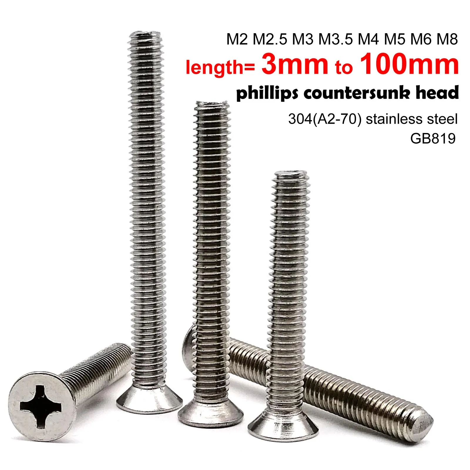 Lengthened M2 M2.5 M3 M3.5 M4 M5 M6 M8 3-100mm Cross Phillips Flat Countersunk Head Screw Bolt A2-70 304 Stainless steel GB819