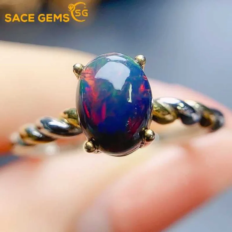 

SACEGEMS New Luxury 925 Sterling Silver Certified 6*8MM Natural Opal Rings for Women Engagement Cocktail Party Fine Jewelry Gift