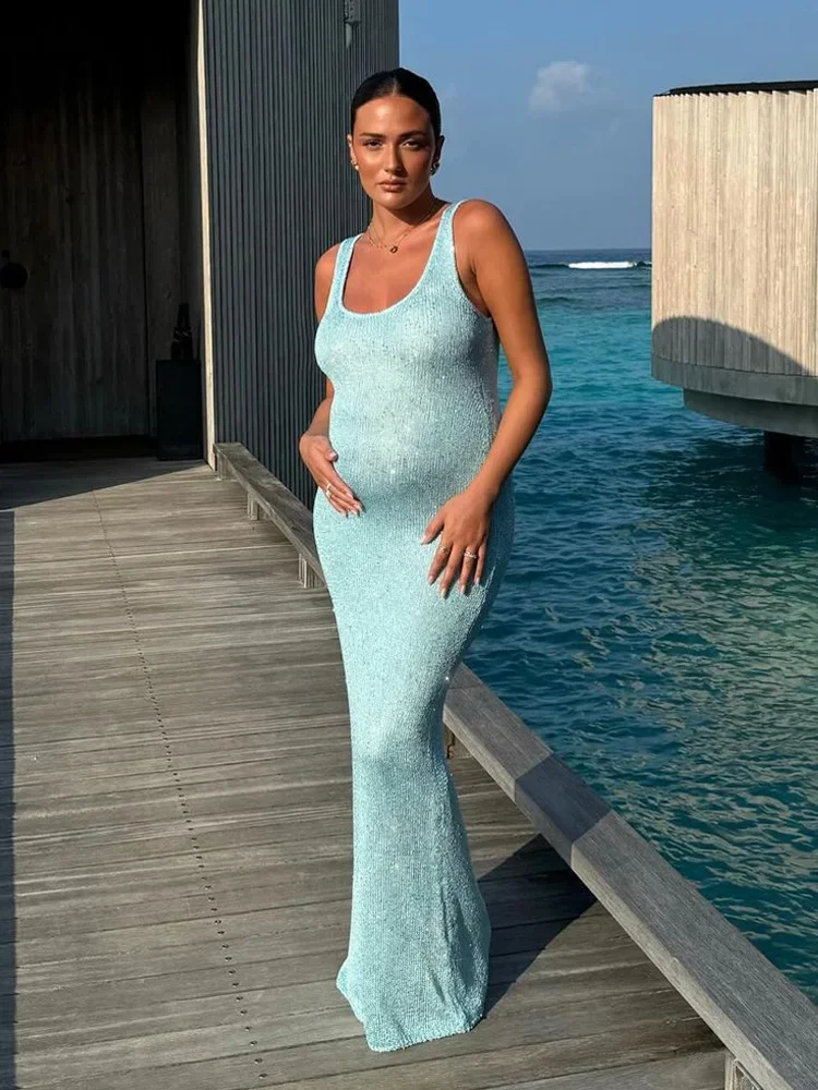 Sequin Slim Maxi Dress Female Backless Glitter See-Through Sexy Patchwork Autumn Women's Long Club Party Dresses Vestido