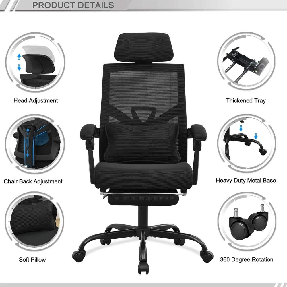 Ergonomic Office Chair Footrest Home Office Desk Chair with Headrest and Backrest 90 135 Adjustable Mesh Computer Desk Chair 6