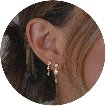 2pair New Trendy Mini Round Cubic Zircon Chain Earrings for Women 18K Gold Plated Tiny Studs Dainty Jewelry Gift for Her