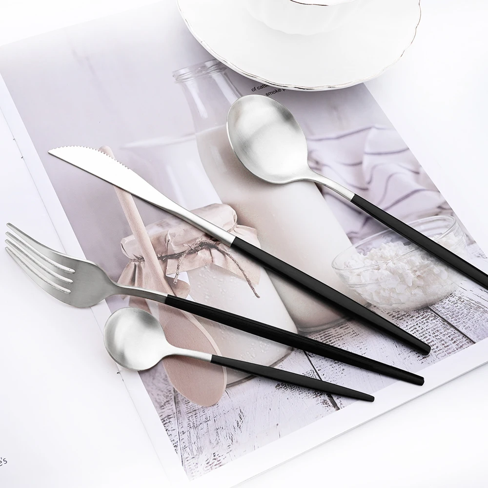 Drmfiy Dinnerware Knife Dessert Fork Coffee Spoons Tableware Cake Fork 1pcs Stainless Steel Cutlery Flatware Set Black Silver