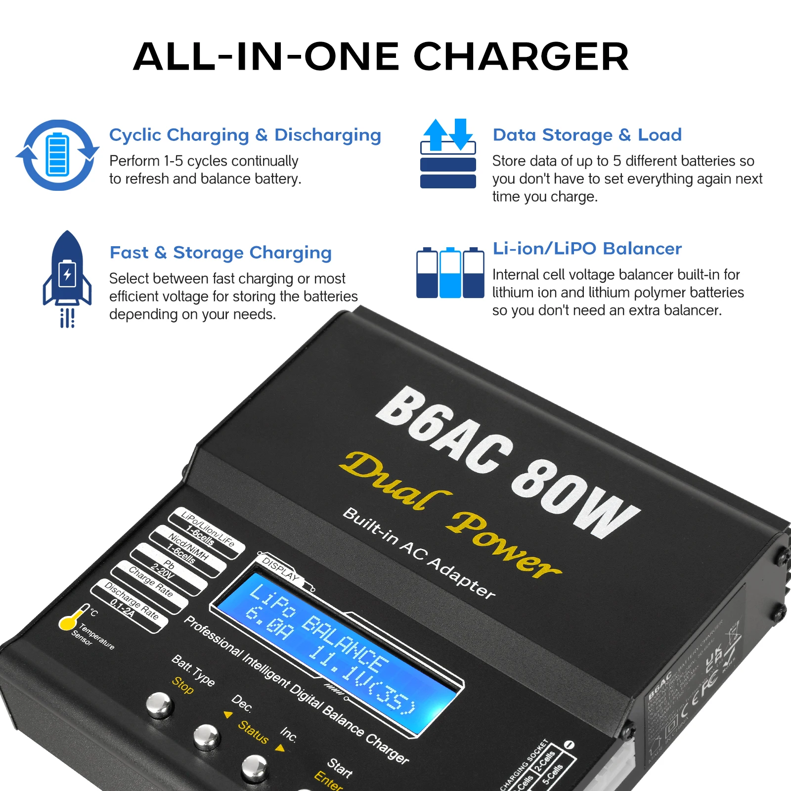 Détail de l'écran du chargeur d'équilibre B6 AC RC 80W 6A affichant les paramètres de charge