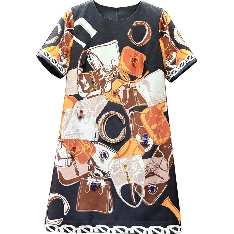 

Evagina Spring Summe Short Sleeved Diamonds Vintage Print dress Holiday Fashion Women's Slim Mini Dresses