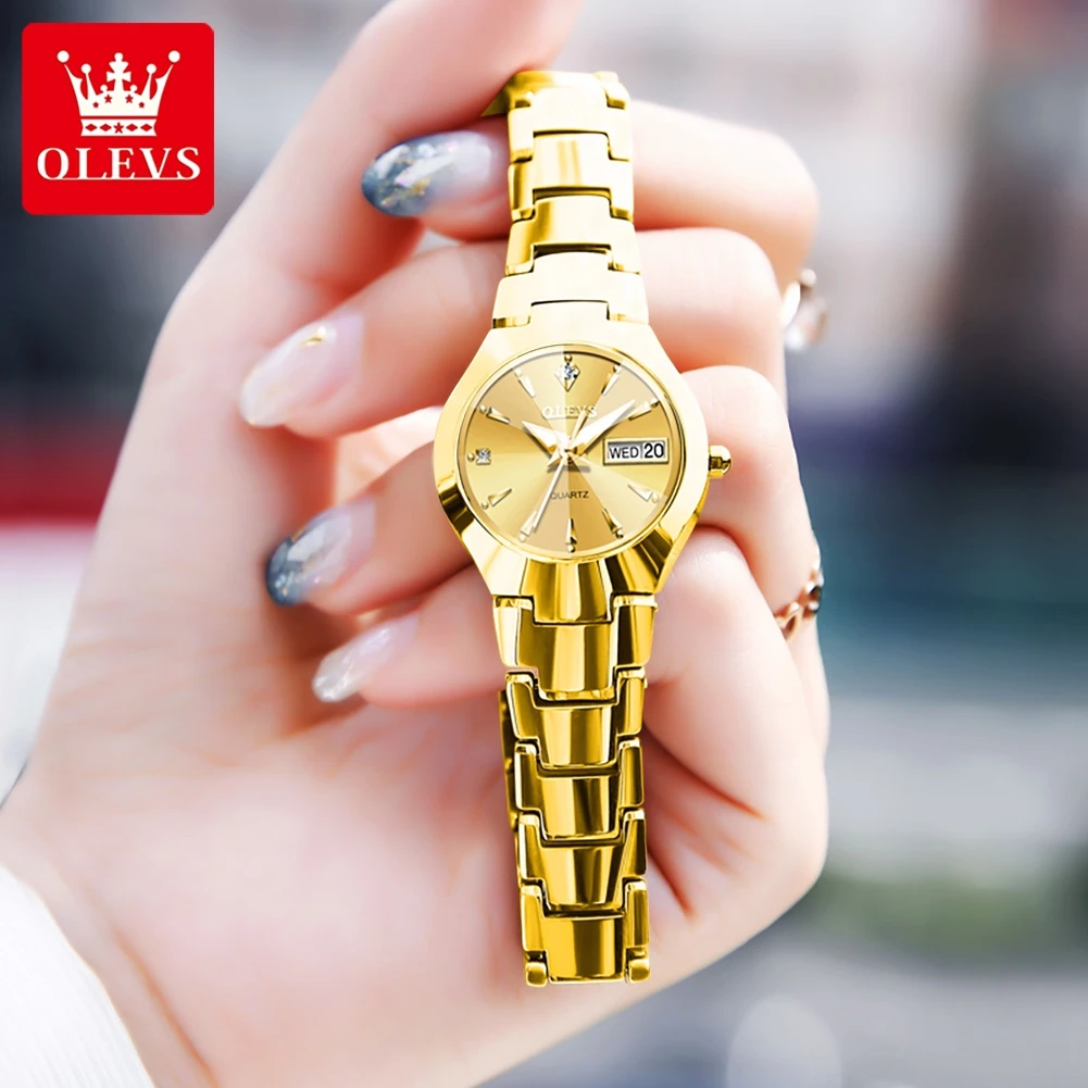 OLEVS 2023 New Fashion Tungsten Steel Gold Women Watches Luminous Hands Waterproof Quartz Watch with Week Calendar Women Watch