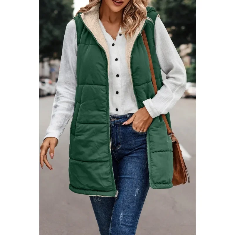 Women's Solid Color Hooded Cotton Coat Vest Winter 2025 New Warm Vest Coat Women's Fashion Sleeveless Zipper Cardigan Vest 5