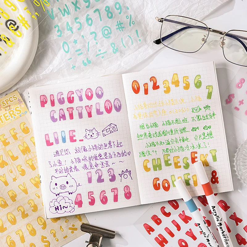 레인보우 알파벳 PET 스티커 8장 대형 방수 글자 데칼 저널 스크랩북 공예 DIY용