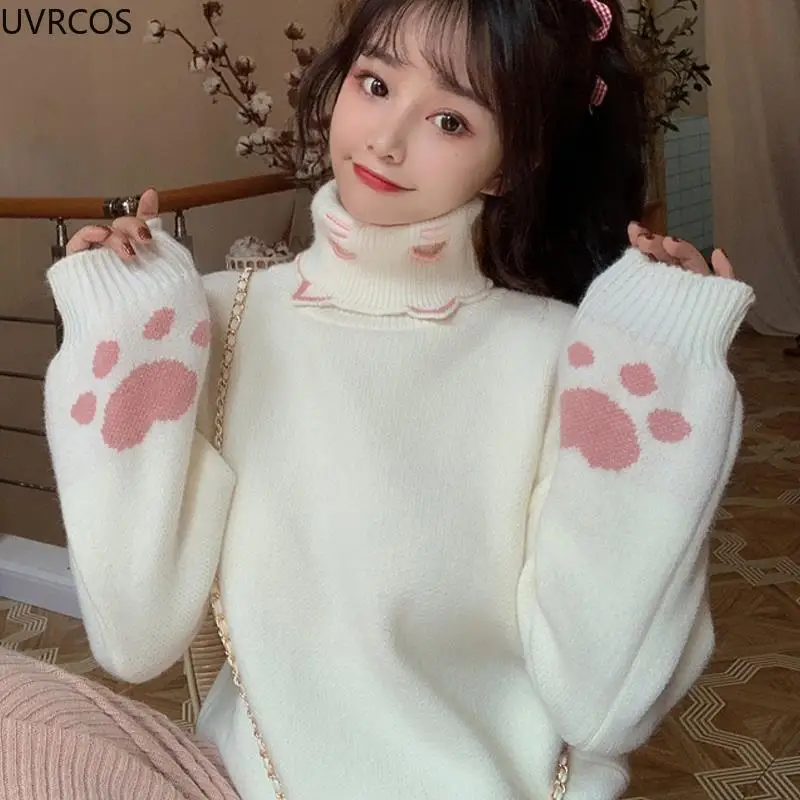 Korean Fashion Sweet Turtleneck Knitted Pullover Women Kawaii Cat