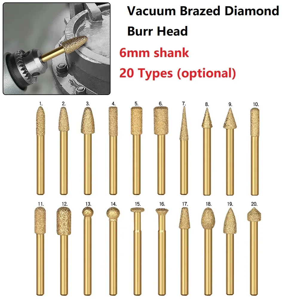 Diamant otřepy hlava 6mm stopka vacuum brazed broušení rotační akta kámen mramor gravírování CNC stroj řezbářský frézku bitech