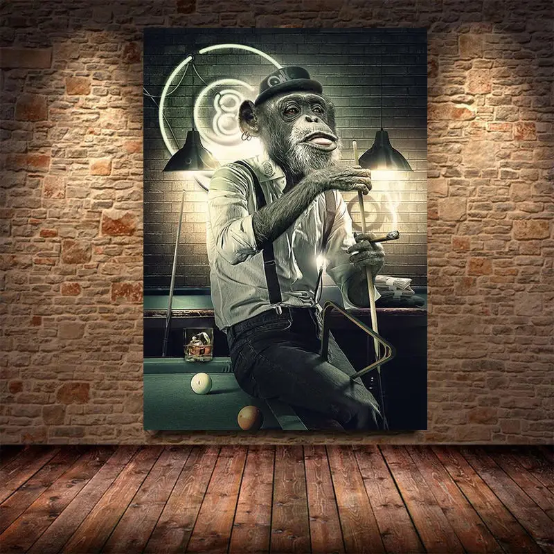 

Abstract Animal Wall Poster Black Smoking Monkey Playing Cards Billiard Room Bar Canvas Painting Aisle Wall Art Picture