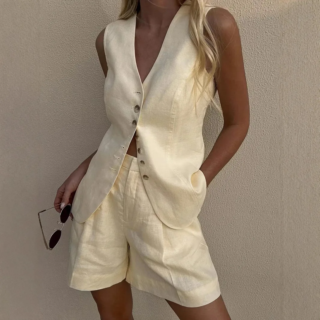 Wolfeel-Conjunto de chaleco y pantalones cortos informales de lino y algodón para mujer, camiseta sin mangas, pantalones cortos sueltos, trajes de verano, novedad