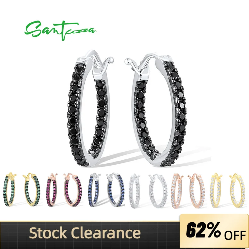 SANTUZZA 925 Sterling Silver Hoop Earrings For Women White/Blue CZ Black/Green Spinel Lab Created Ruby Simple Style Fine Jewelry