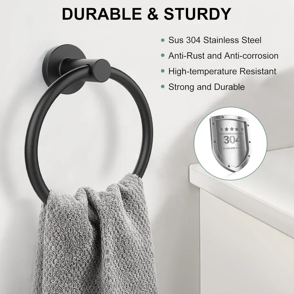 Modern SUS304 Stainless Steel Wall-Mounted Round Towel Ring Holder for Bathroom Hand Towels Elegant Design Towel Rack Hanger