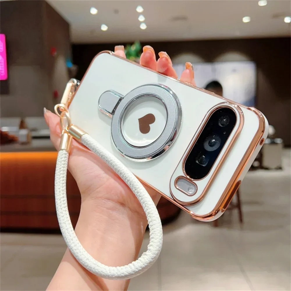 Cute Love Heart Wrist Strap Bracket Case For Google Pixel 8 9 10 Pro XL 9A 8A 7A Ring Holder Stand Lanyard Plating Soft_voghion.com