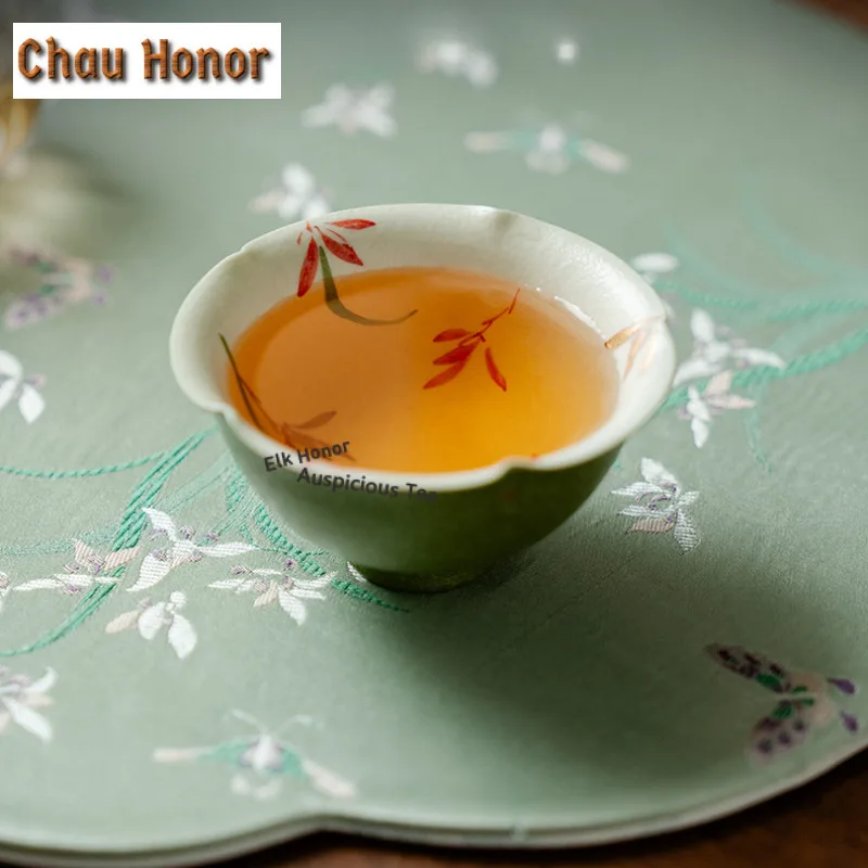 90ml Green Kumquat Galze Orchid Teacup Antique Petal Tea Bowl Tea Pair Tea-tasting Meditation Cup Jianzhan Master Cups Drinkware