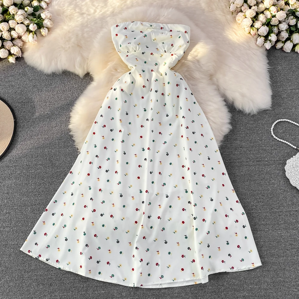 

2024 Summer Fashion Girls Seaside Holiday Beach Dress For Women Tube Top High Waist Slim Print Sleeveless A-line Dress
