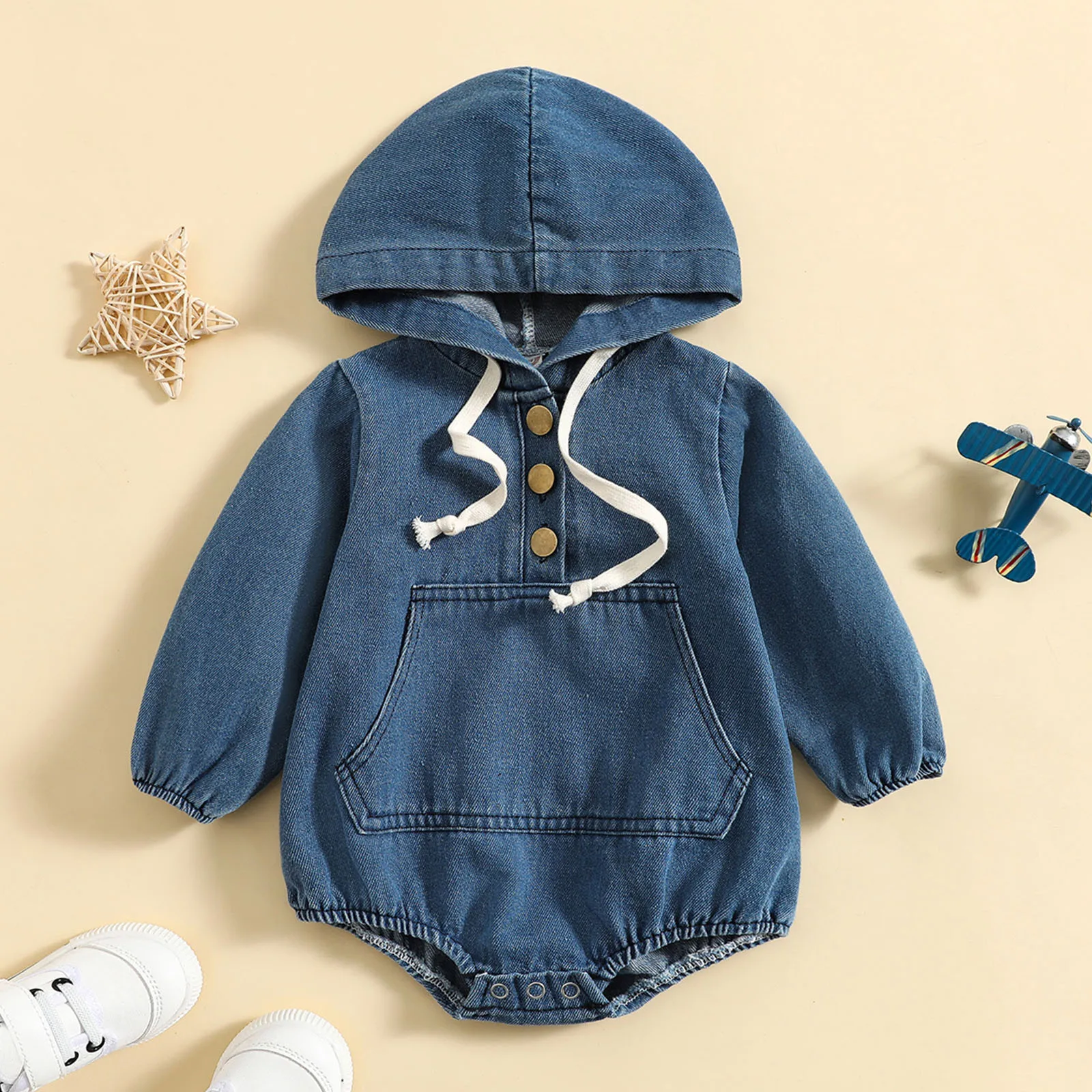 

Fashion Romper Infant Boys Girls Long Sleeve Solid Denim Hooded Pullover Romper With Pocket Newborn Sweatshirt Casual Bodysuits