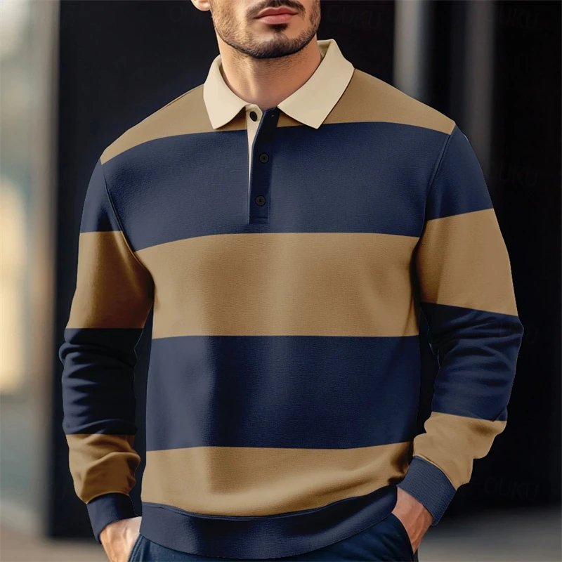 Polo grafiche a righe casual da uomo Semplice autunno Business Polo da golf a maniche lunghe stampata in 3D T-shirt con risvolto larghe e traspiranti - immagine 5