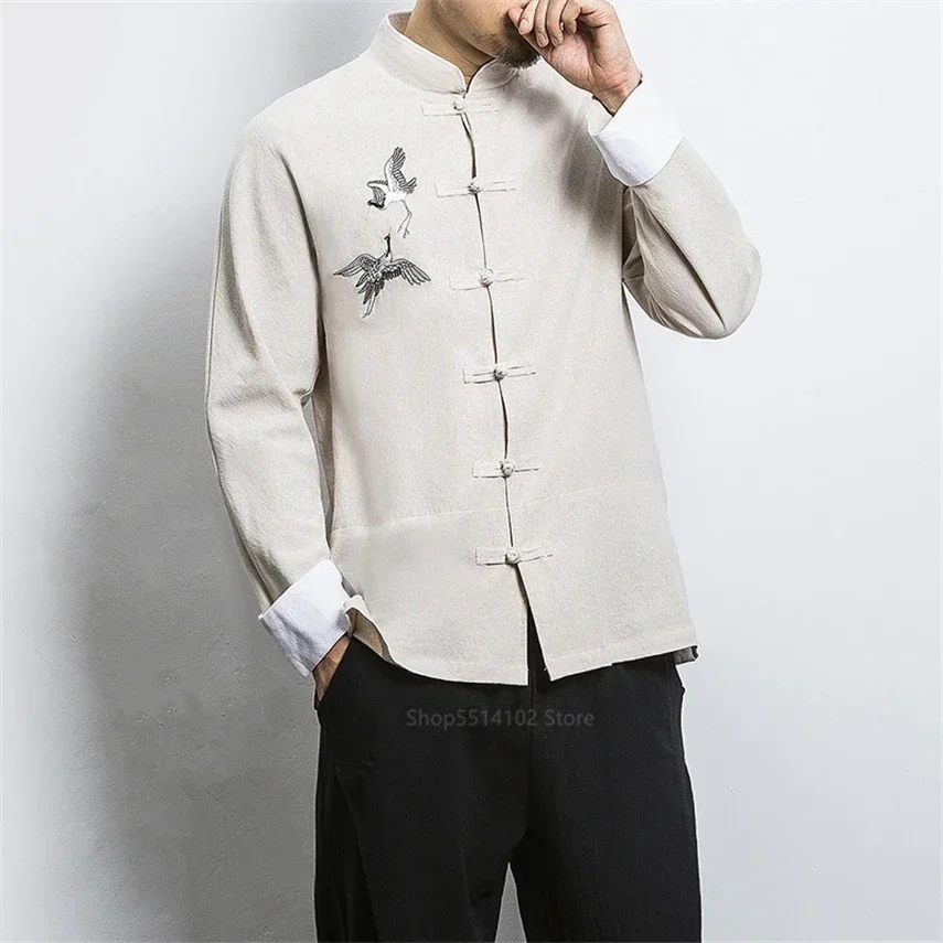 Tang Suit News Traditional Hanfu Blouse Shirts Chinese Clothing for Men Cotton Embroidery Crane Kung Fu Uniform