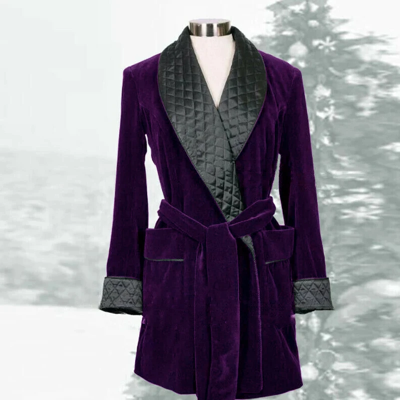 Men Suit Purple Velvet Smoking Jackets Black Shawl Lapel Formal Tuxedos One Piece Long Coat Slim Fit Costum Made Terno