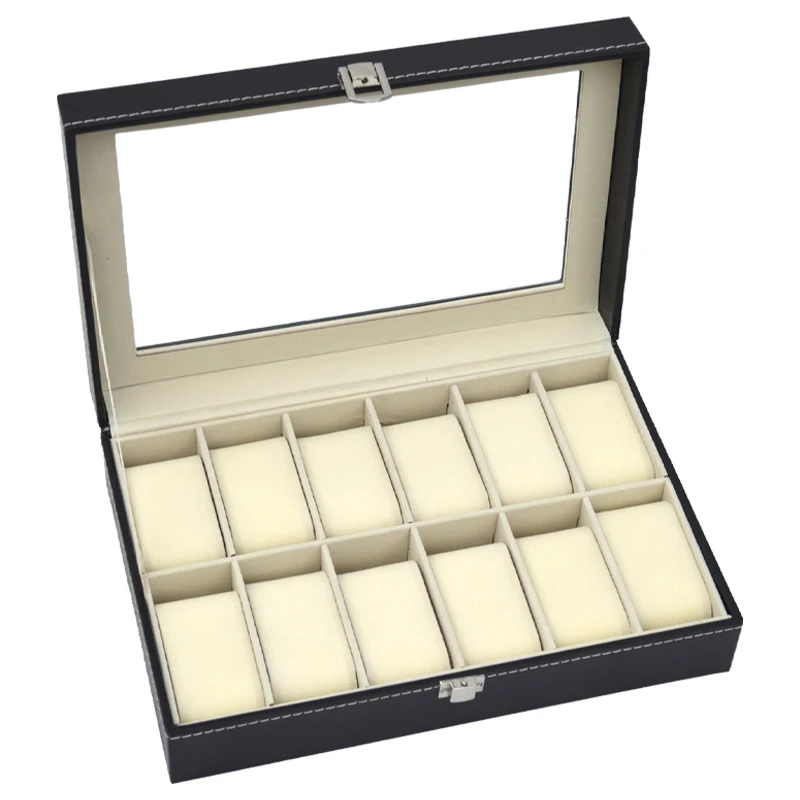 PU Leather Watch Storage Box For Men Display Case Glass Top