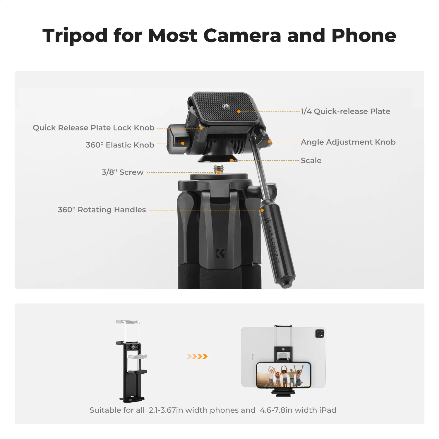 K&F Concept 75" Lightweight Tripod Camera Compact Tripod Remote 2-in-1 Phone Holder 3Way Pan Head Travel Phone Tripod for Selfie 3