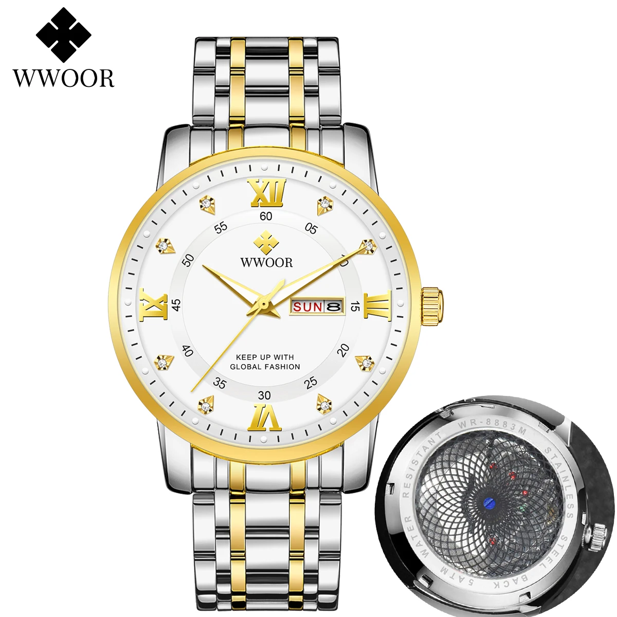 WWOOR Luxury Watch for Men Elegant Date Week Waterproof Luminous Man Watch Quartz Stainless Steel Sports Men's Watches reloj