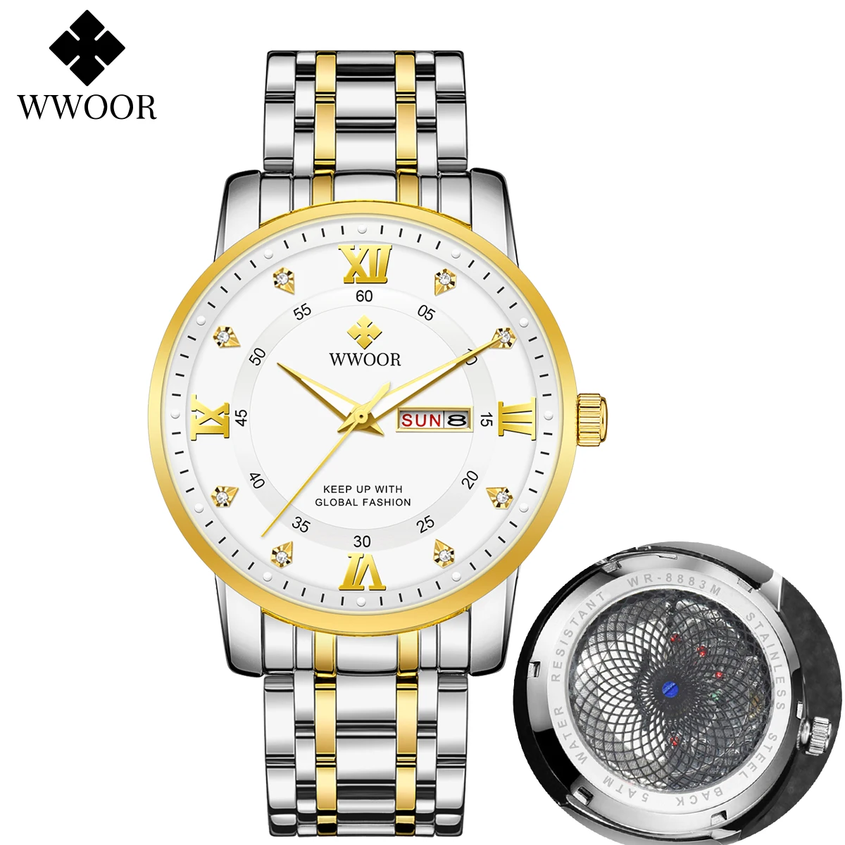 WWOOR Luxury Watch for Men Elegant Date Week Waterproof Luminous Man Watch Quartz Stainless Steel Sports Men's Watches reloj olevs mens watches top brand luxury stainless steel gold quartz watch for men sports waterproof week date business wristwatches