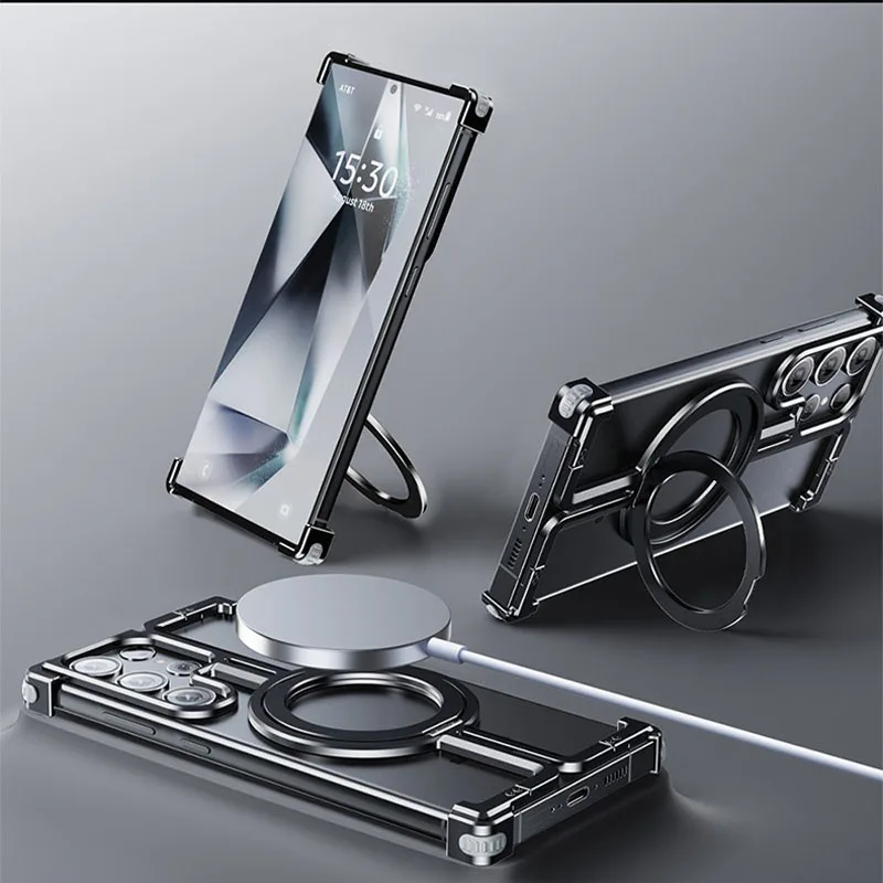 Magnetic Metal Bracket Phone Case with Aluminum Alloy Frame and Finger Ring