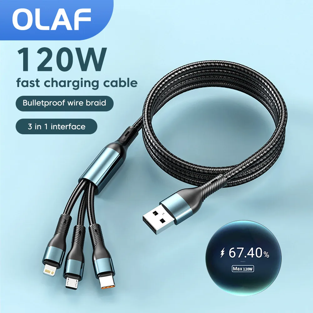 

Olaf 120W 3 in 1 Fast Charging Cable Micro USB Type C Cable For iPhone Samsung Huawei Xiaomi Phone Charger USB C Data Cable