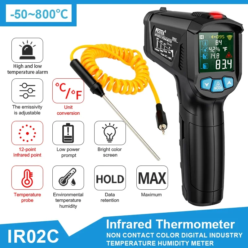 Infrared Thermometer 600/800&deg;C Industrial Digital High Temperature Meter Gun Laser Pyrometer Outdoor Kitchen Humidity Heat