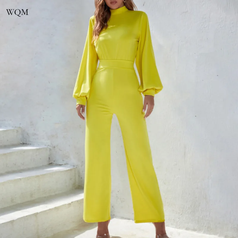 WQM Sexy Wide Legged Pants Summer Women's Solid Color High Neck Open Back Long Sleeve Casual Jumpsuit tiyihailey free shipping long sleeve women denim jumpsuit and rompers s xl spring and autumn trousers with belt hooded overalls