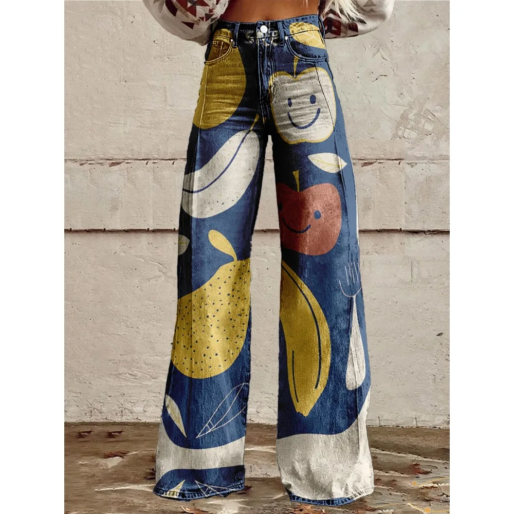 Damen-Hose mit weitem Bein, Grapefruit-Orange-Zitronen-Aufdruck, hoch taillierte Schlaghose, bunte Früchte, Sommer-Festival-Party-Hose – Detail 15