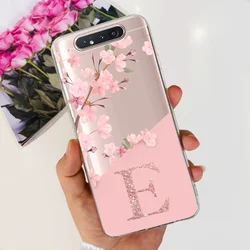 Cute Letters Soft Clear TPU Silicone Slim Back Cover Case for Samsung A80 (Letter - flower - E)