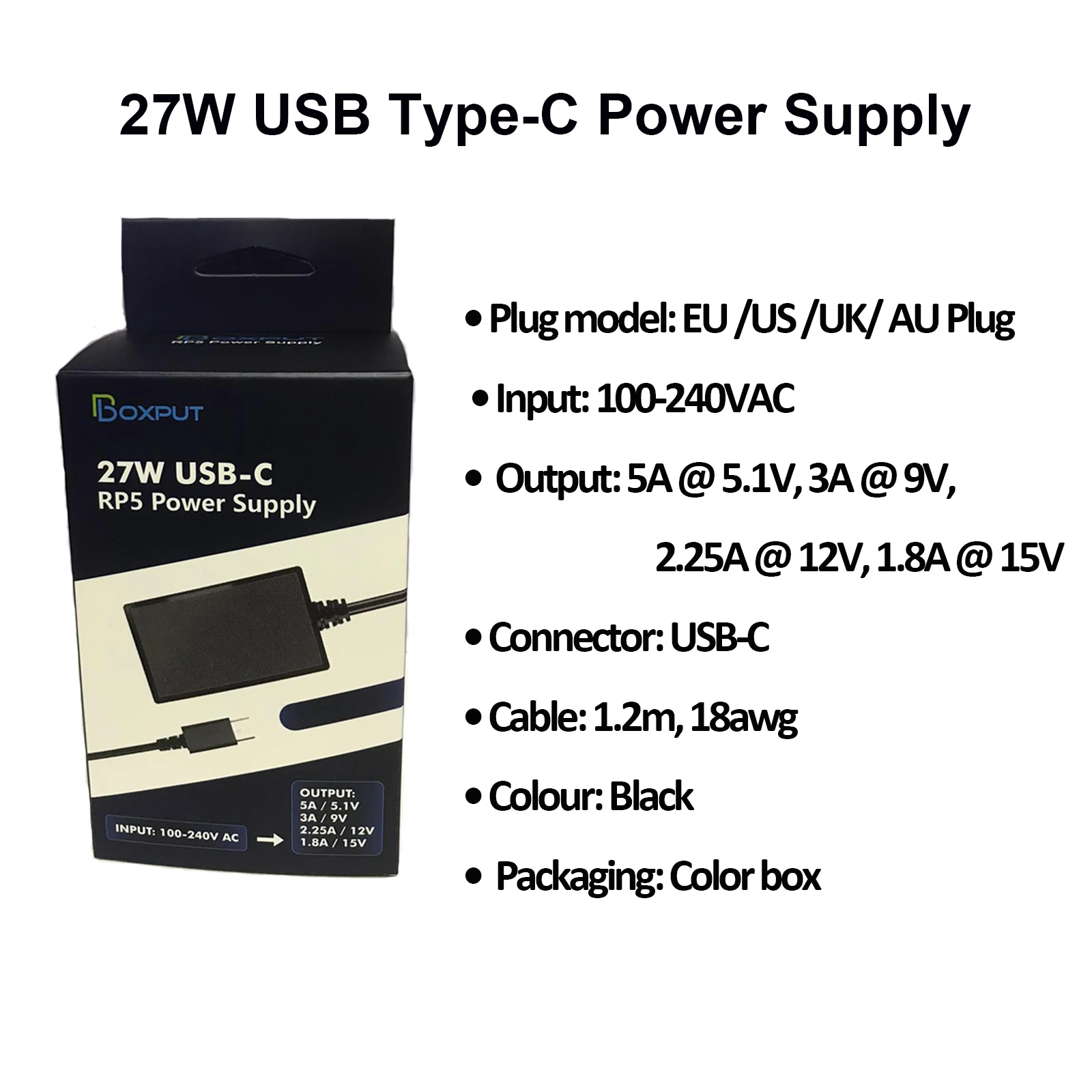 Power Supply for Raspberry Pi 5 27W USB-CPower Adapter Type C 1.2m PD  Charging EU US UK Plug Charger for Raspberry Pi 5