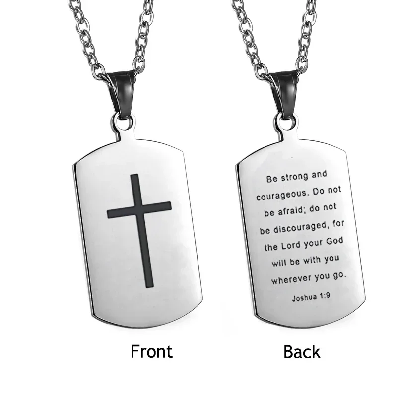 Cross Bible Men's Necklace with ''Be Strong and Courageous ''Dog Tag Pendant Religious Jewelry 24Inch Chain 4