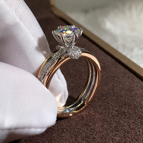 Luxury Female White Zircon Stone Ring Rose Gold Silver Color Vintage Crystal Round Wedding Engagement Jewelry For Women