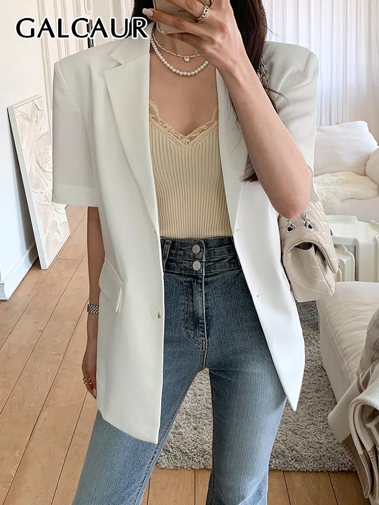 

GALCAUR Temperament Solid Blazers For Women Notched Collar Short Sleeve Patchwork Button Loose Summer Korean Blazer Female New