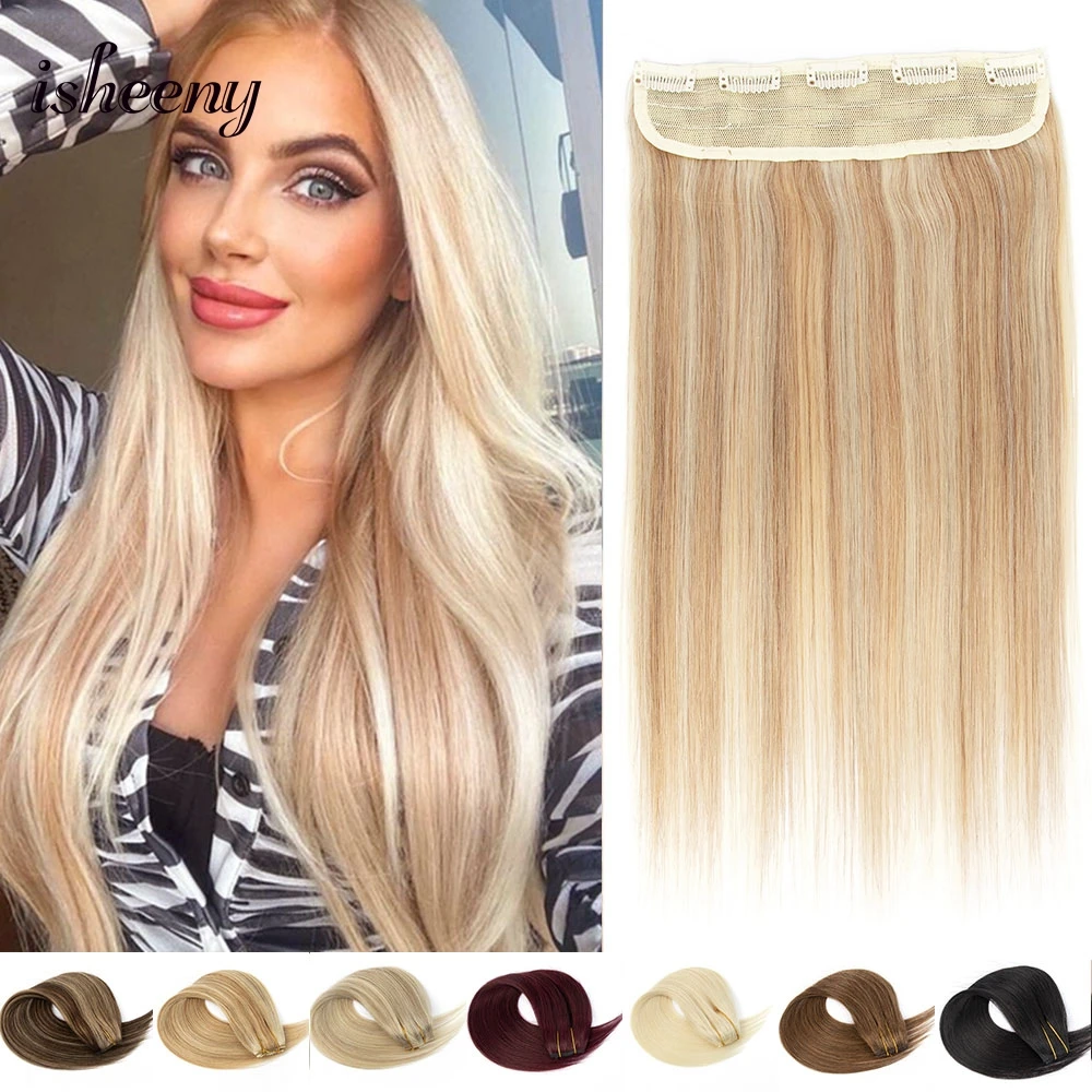 isheeny One Piece Clip in Human Hair 14-22 inches Lightweight Real Natural Clip in Hair Extensions Sewing in Weft with Clips on